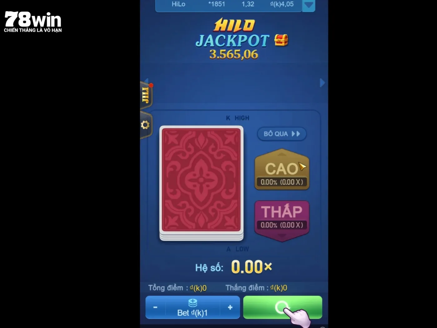 Giao diện chính của Hilo 78Win với những tính năng chính
