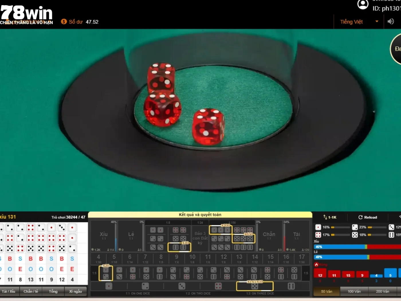 Giao diện chính trong ván cược tài xỉu 78win