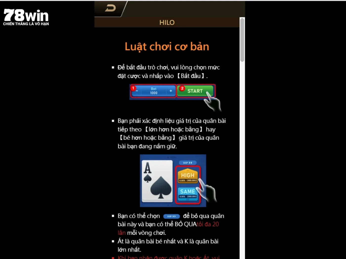 Luật chơi cơ bản khi tham gia chơi Hilo 78Win