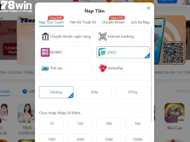 Nạp tiền 78win thông qua các ví điện tử
