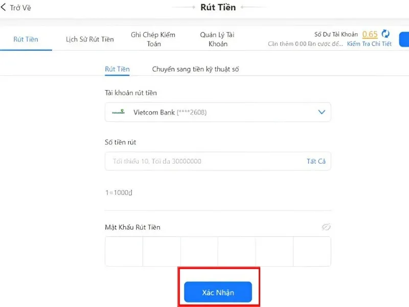 Nhập thông tin chi tiết để tiến hành rút tiền