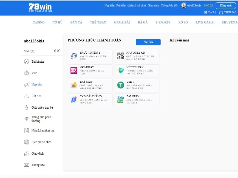 Phương thức nạp tiền 78win đơn giản